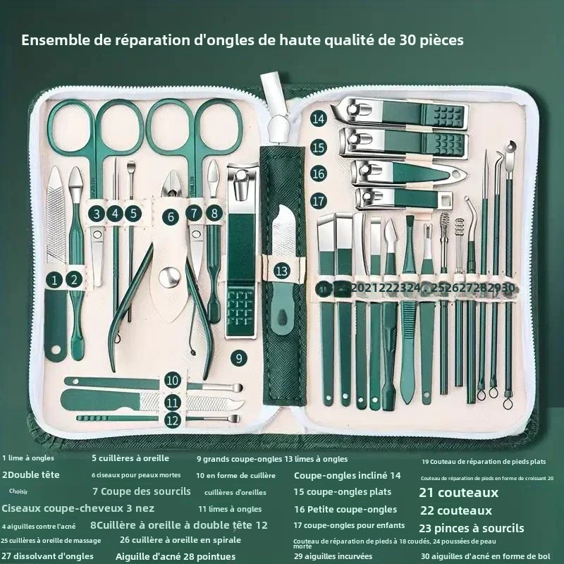 Juego de cortaúñas de acero inoxidable, herramientas para uñas verdes, juego de manicura y pedicura, Kit de aseo de viaje, 30 Uds.