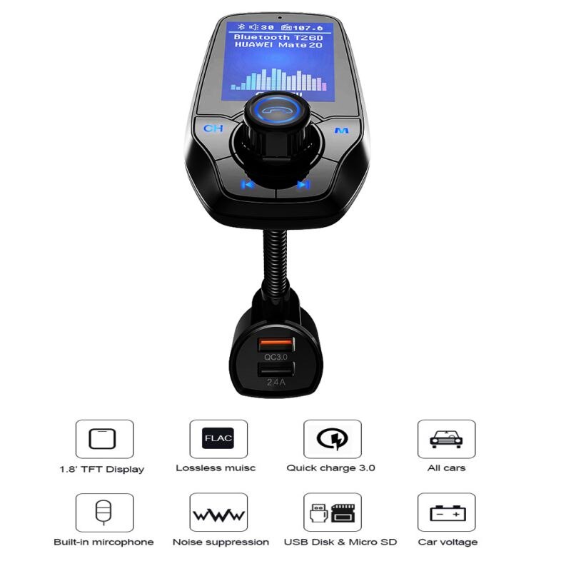 FM Transmitter MP3 Player For Bluetooth 3.0, Car 3 USB Ports Quick Charge Handsfree