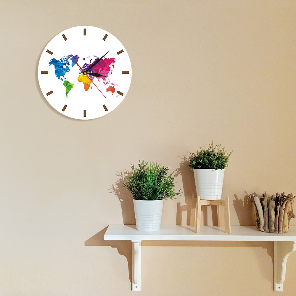 Modern World Map Silent Movement Wall Clock Travel Around the World Map Room Decorative Acrylic Hanging Round Clock
