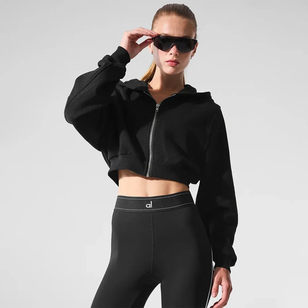 AL hoodie Jacket Full zip Yoga short coat Comfortable Gym outdoor sports Fitness jogging loose casual hoodie jacket: L / black