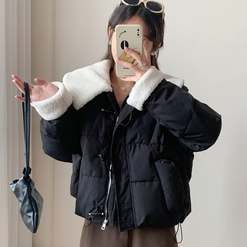 Chic Faux Lamb Wool Collar Parkas for Women Winter Mix Color Cotton Padded Jackets Woman Pockets Warm Parkas Female: XL / black