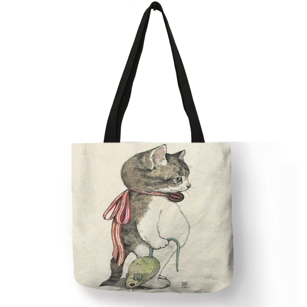 Bolsos de mano pintados a mano con acuarela para mujer, bolso de hombro con estampado Floral de gato bonito, bolso de mano para oficina, bolsos de compras informales diarios: 006