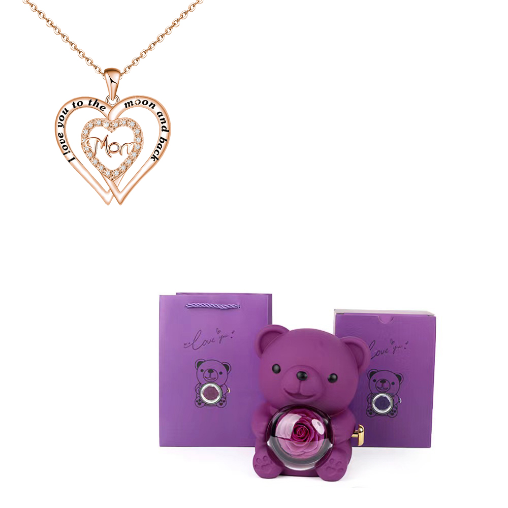 Collares con colgante de mamá de circón en forma de corazón con caja de de flor rosa de oso bonito adecuada para Navidad Día de la madre sorpresa romántica: Bañado en rodio de imitación