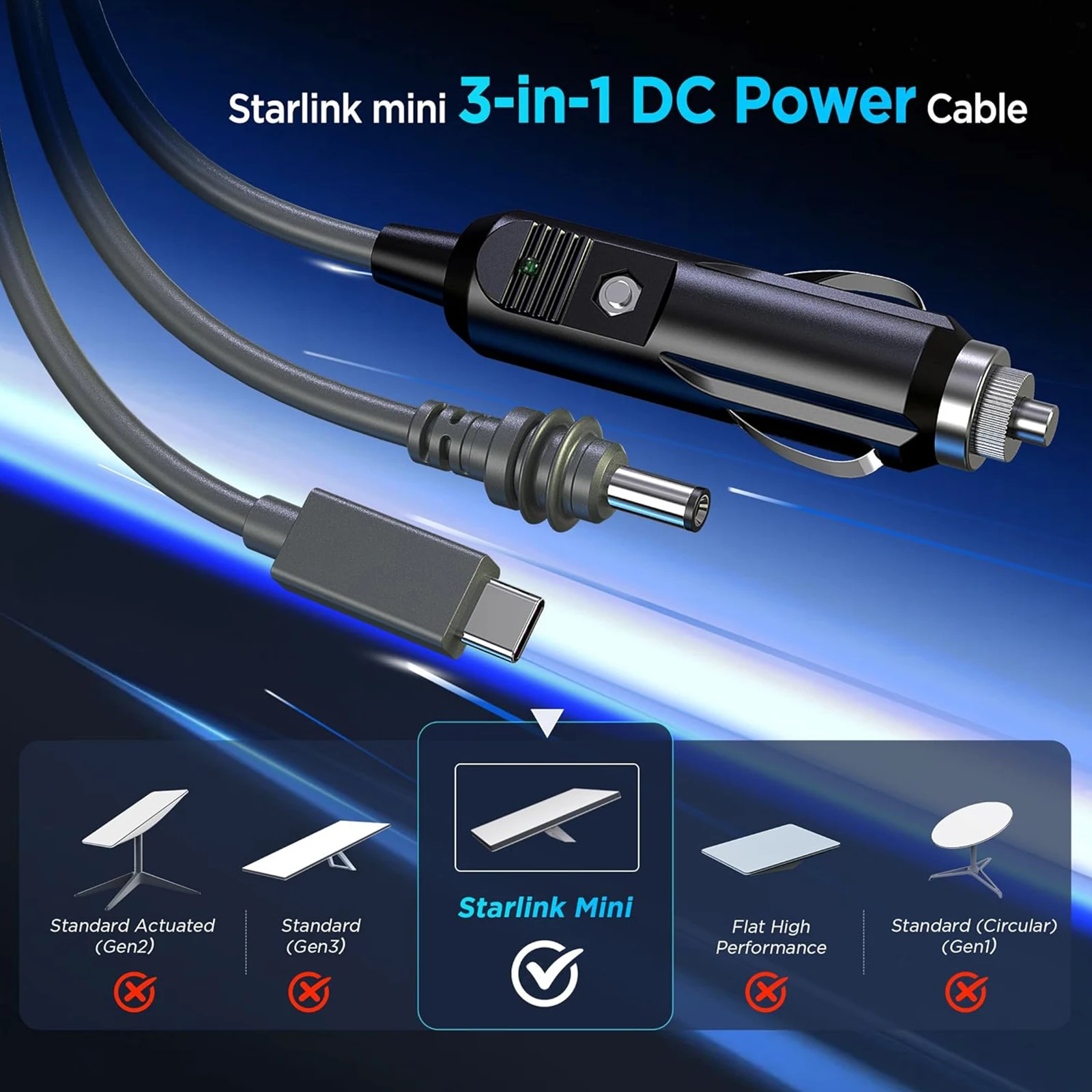 For Starlink Mini 3in1 DC To TypeC/DC/car Charging Power Cable IP65 Waterproof 3in1 To Typec 2464-20AWG Cable For Starlink Mini