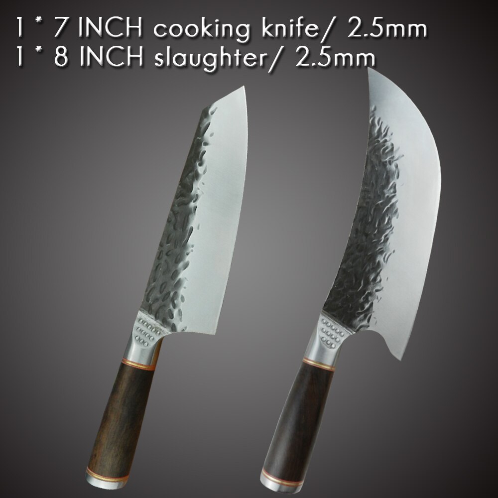 Handmade Forged Cleaver Butcher Knife 8 INCH Slaughter Chopping Cutting Bone Stainless Steel 5CR15 Knife Camping Hiking Tool: 2PCS SET-H