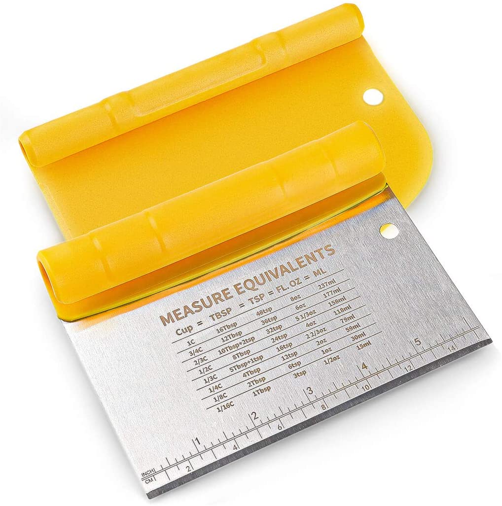 Brand 2-IN-1 Stainless Steel Bench Dough Scraper and Plastic Bowl Scaper Set Multifunctional Tools with Measurement Equivalents