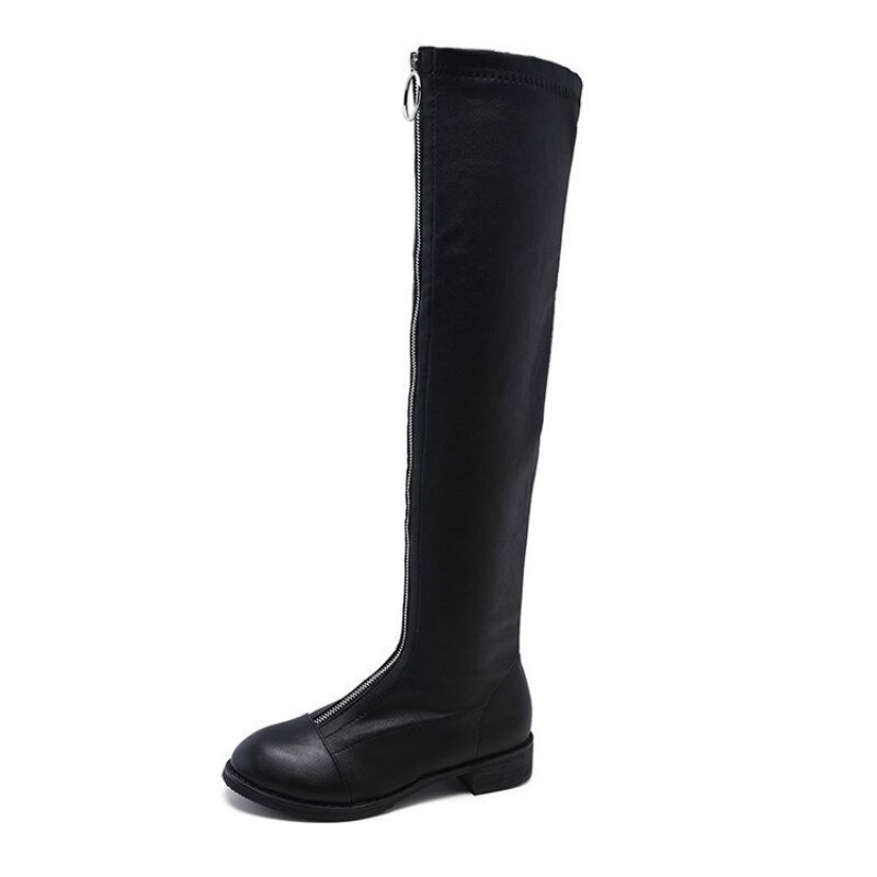 Botas por encima de la rodilla para mujer, invierno, estiramiento fino, parte inferior plana, bota ajustada para mujer con cremallera frontal, además de zapatos de terciopelo para mujer