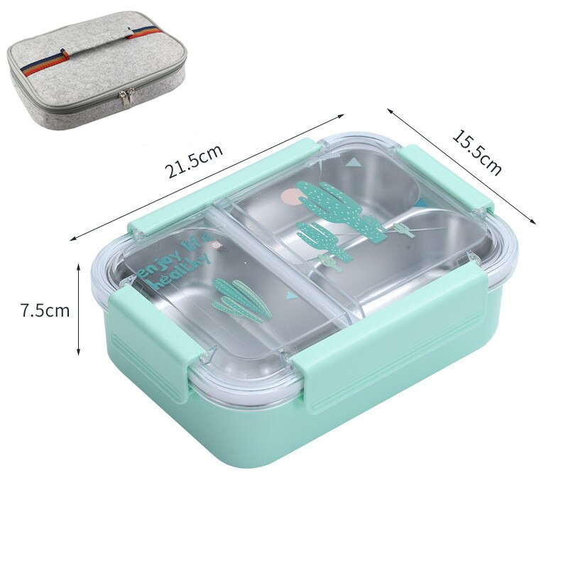800ml Cartoon Stainless Steel 304 Lunch Box Leak-Proof Kids Children Bento Box Student School Microwave Food Container: Green with Bag
