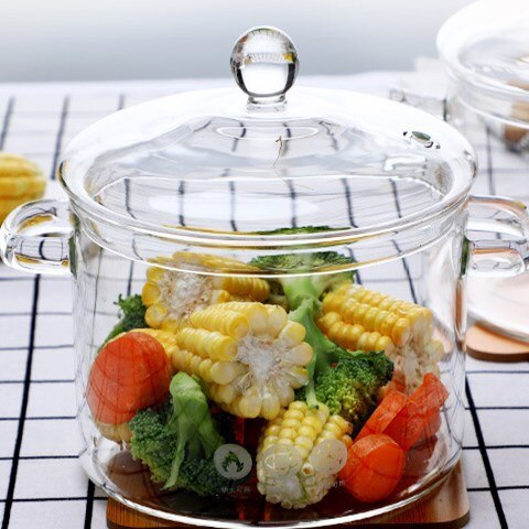 Household Transparent Glass Soup Pot Kitchen Heat-resistant Porridge Pot Home Glass Bowl Kitchen Cooking Tools: Double Handle / 14cm in Diameter