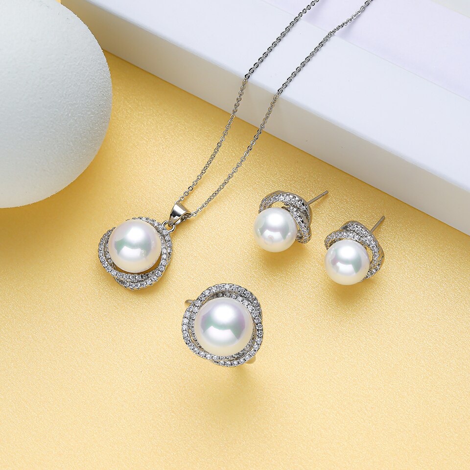 South sea shell perle guld smykker til kvinder sæt halskæde øreringe ring med zirkon fest fødselsdag bryllup: Hvid-sølv
