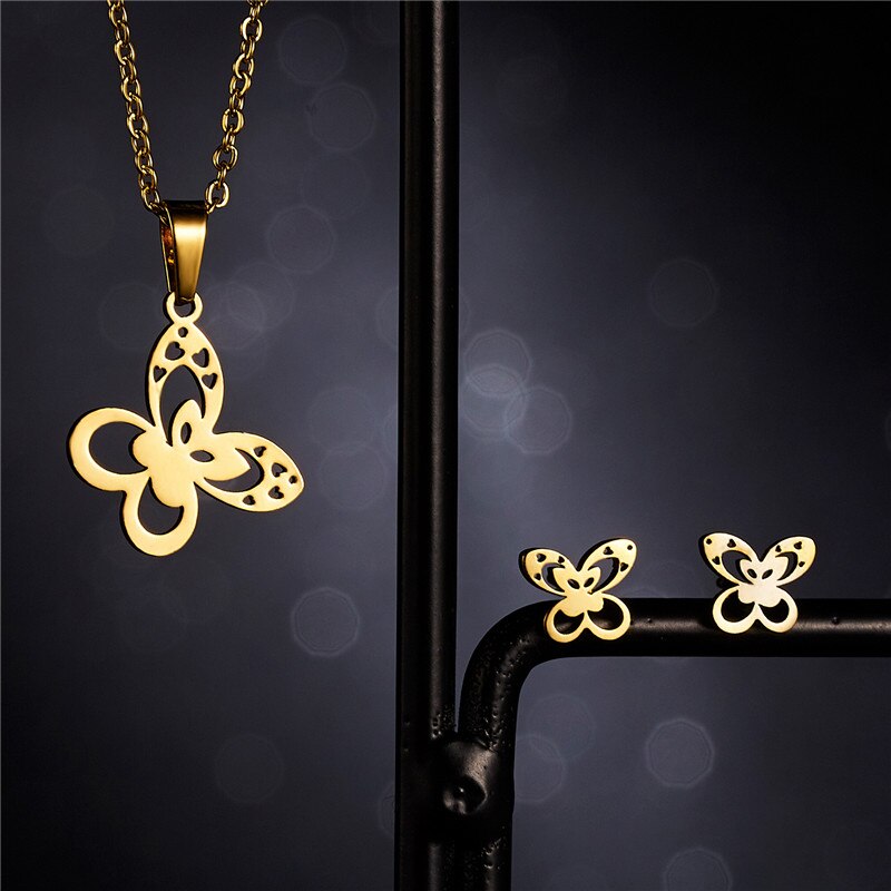 Rinhoo Dier Vlinder Rvs Hanger Ketting Sets Voor Vrouwen Kat Visgraten Ketting Oorbellen Sieraden: Butterfly-4