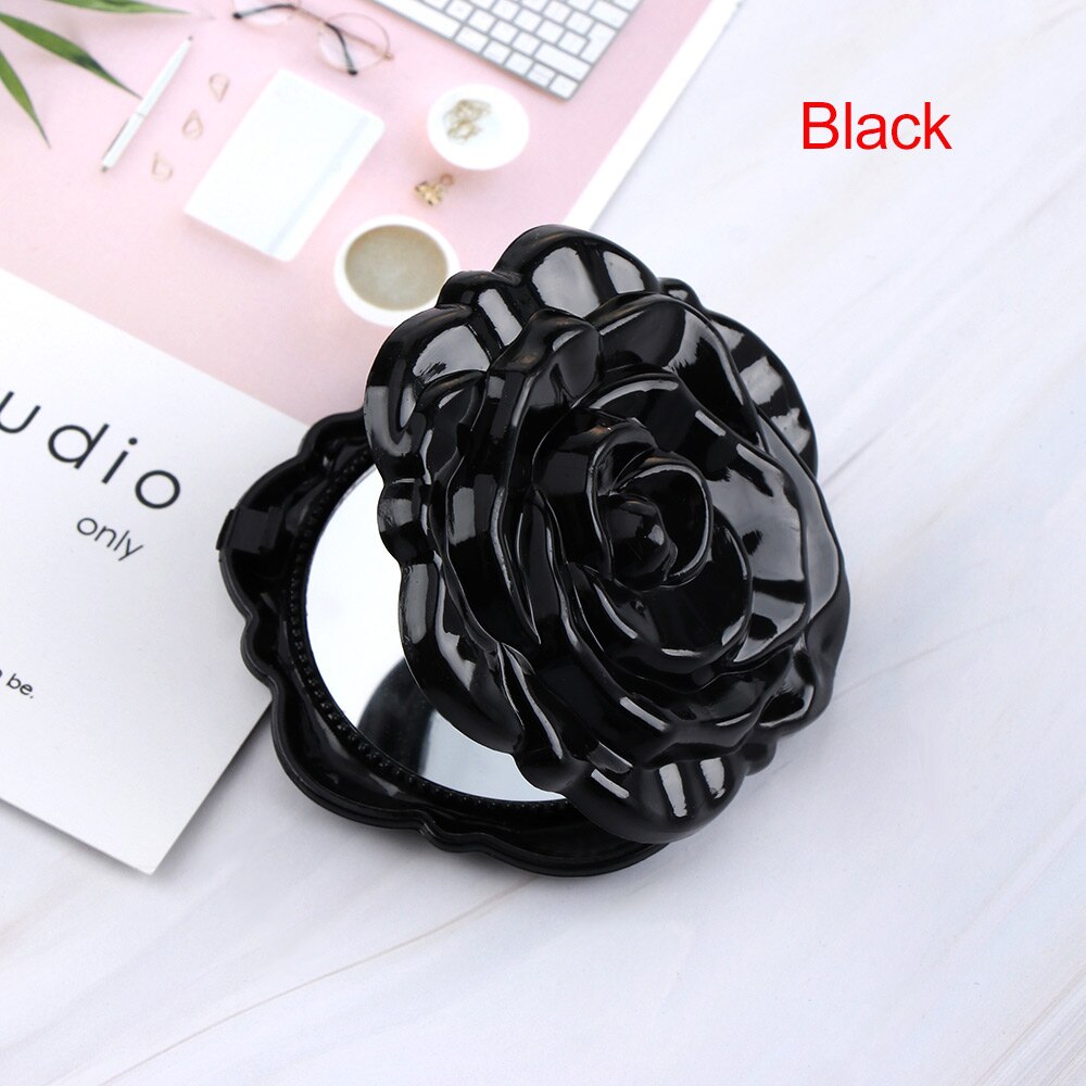 Vintage 4 colores dos Lado de viaje portátil lindo forma de rosa espejo de bolsillo plegable de doble cara 3D mano maquillaje espejo: Black