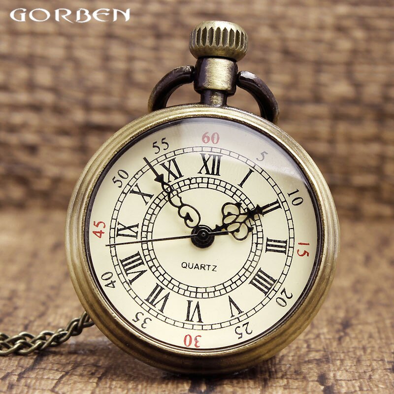 Simple Pocket Watch Quartz Roman Numerals Bronze Tone Steampunk 82cm Transparent Clock