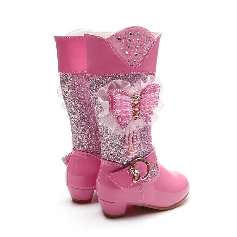 ULKNN bottes en cuir pour filles enfants talons hauts mignon Bow rose princesse chaussures 4-16 ans étudiants décontracté bout rond