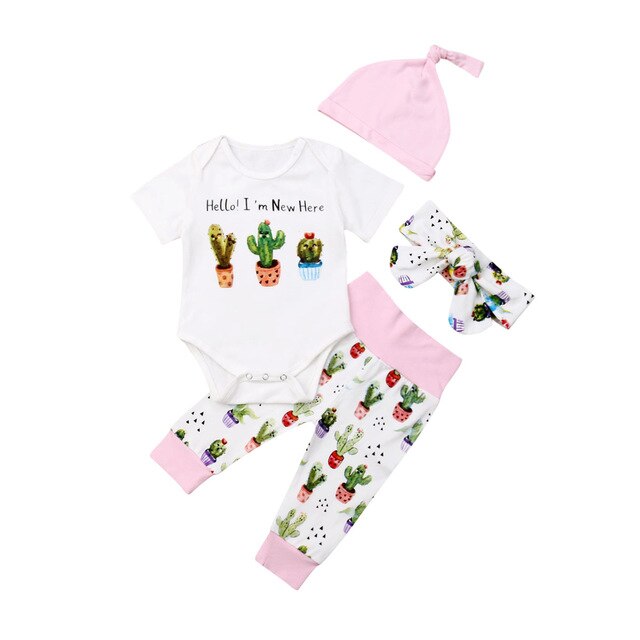 Baby Zomer Kleding Baby Kids Baby Meisje Jongen Kleding Cactus Print Korte Mouw Romper Tops + Broek + Hoofdband + hoeden 4 stuks Sets: Cactus Print / 12m