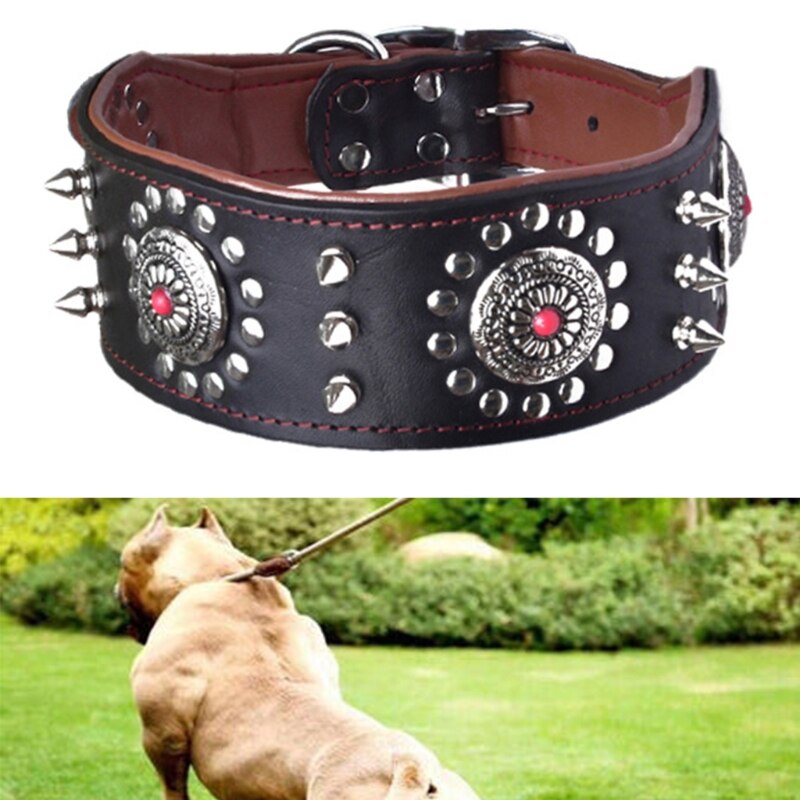 Adjustable Stylish Leather Dog Collar Studded Soft Padded Inside Brown Leather Y5GB
