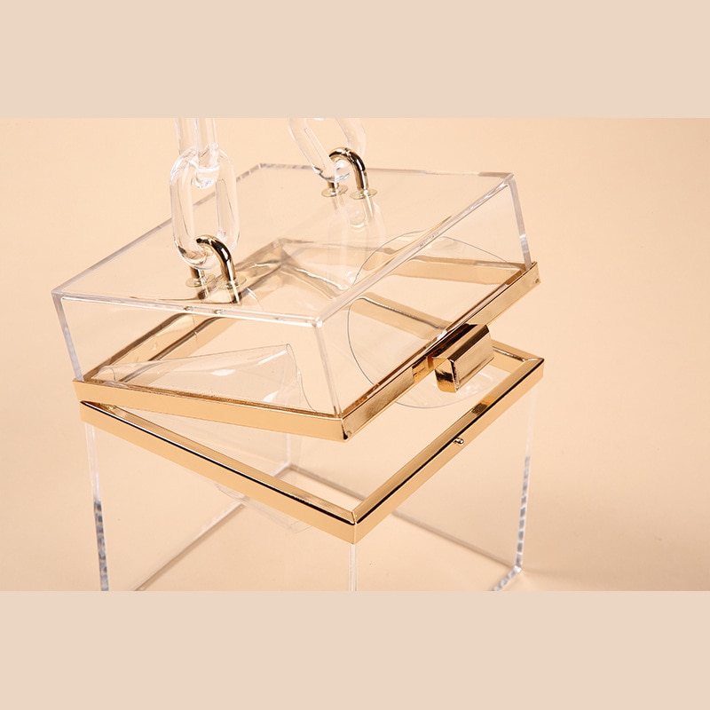 Women Transparent Box Chain Handbag Tote Ladies Solid Hasp Party Candy Color Jelly Shoulder Bag Purse
