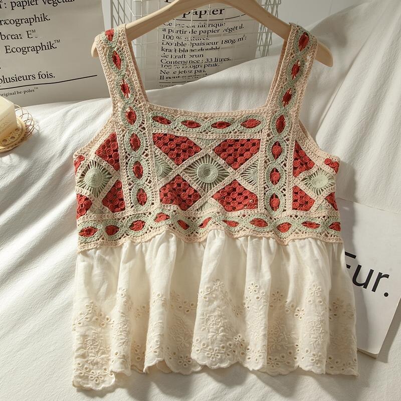 Patchwork cropped top dametøj strikket hul camisole kvindetøj rygløse blondetoppe dame tank-top sommer