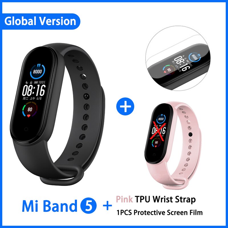 Xiaomi Mi Band 5 Smart Armband 4 Kleur Amoled Screen Miband 5 Smartband Fitness Traker Bluetooth Sport Waterdichte Slimme Band: GN add Pink film