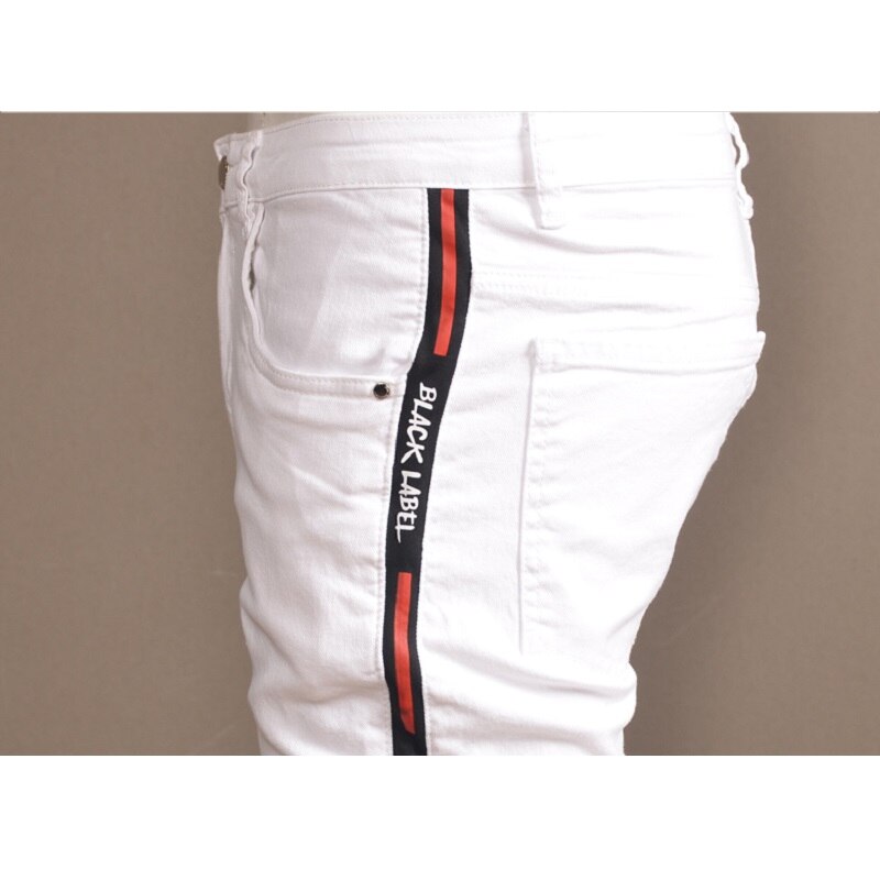 Men Skinny Jeans Elastic White Streetwear Side Stripe Pants for Cowboys P85