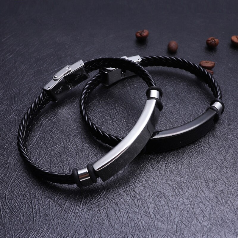 Punk Men Jewelry Black Braided Leather Bracelet Black/Silver Color Stainless Steel Charm Buckle Bangles Women