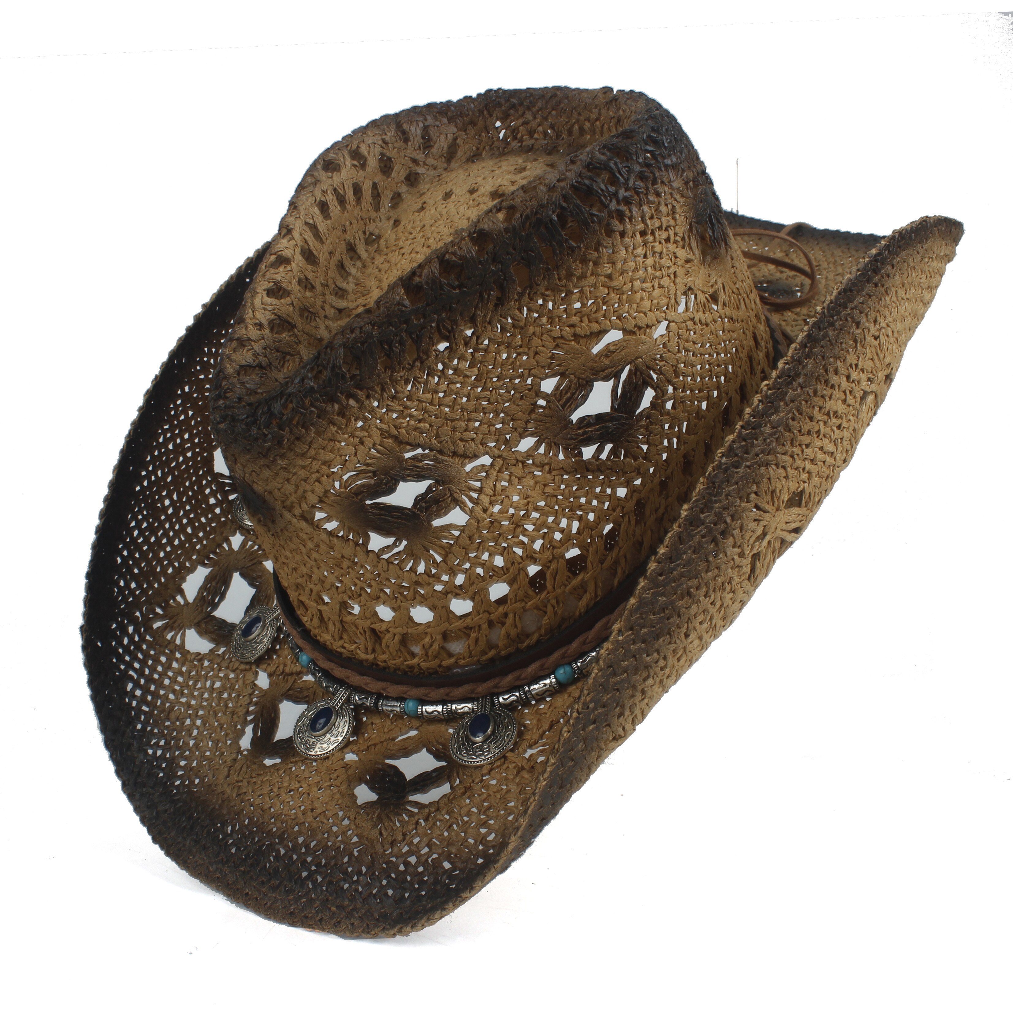 Retro kvinder halm hule vestlige cowboy hat dame roll up brim bohemia kvast sombrero hombre strand cowgirl jazz sol hat