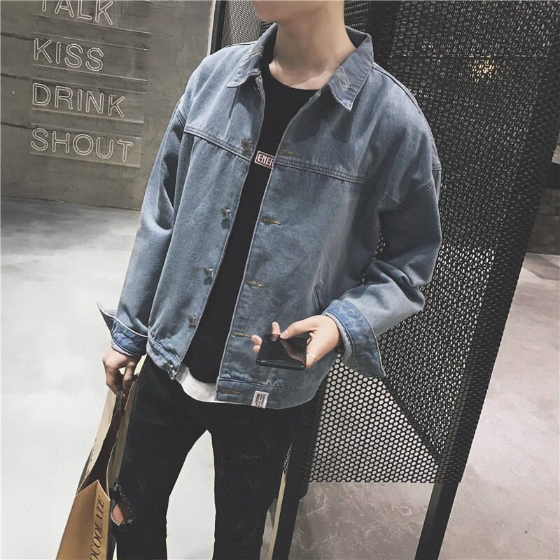 Spring Autumn washing streetwear Denim Jacket Men Korean Trend Lapel Loose Top Students Pure Color Handsome denim coat men: XXXL