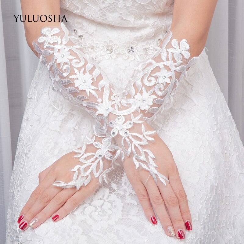 YULUOSHA Hochzeit Handschuhe für Braut Perlen Günstige Braut Handschuhe Hochzeit Handschuhe Finger Hochzeit Zubehör Weiß Spitze Handschuhe
