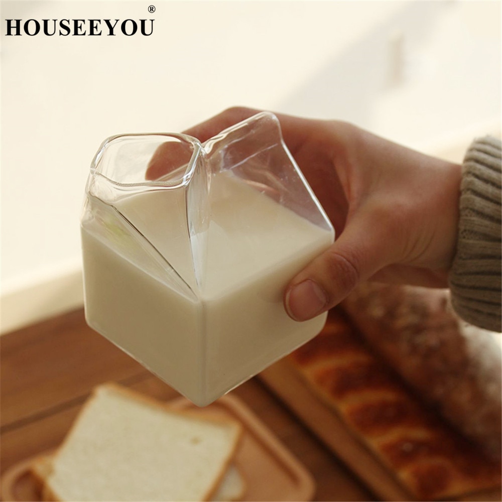 HOUSEEYOU 350ML Milk Box Shaped Glass Cup Coffee Cups Mug Juice Drinking Bottle Clear Glass Home Bar Restaurant Tools