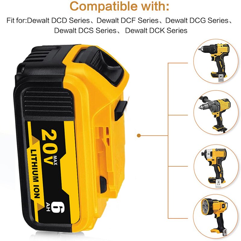 20v 6.0Ah Max XR Replacement DCB200 for DeWalt DCB185 DCB203 DCB206 DCB181 DCB184 Rechargeable Lithium Battery 18V Power Tools