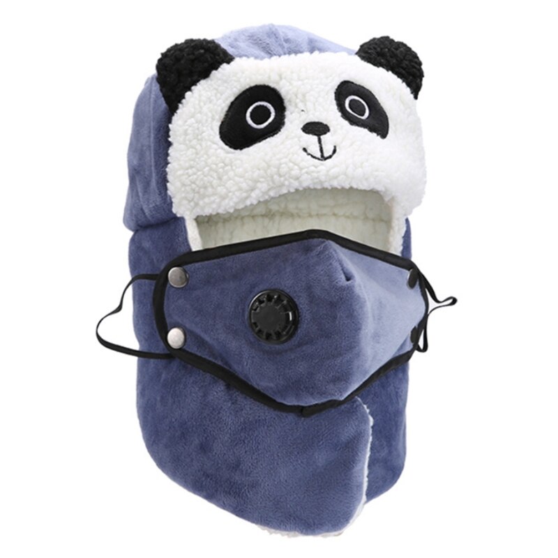 Volwassen kinderen schattige panda winter russische oesjanka muts met imitatie fleece voering, winddichte thermische trapper oorklep muts met gezichtsmasker: Bl -2