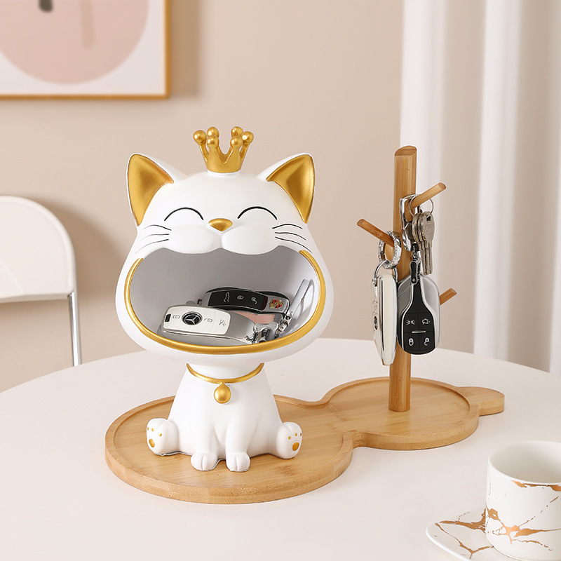 Estante de almacenamiento de llaves de gato bonito, estante de almacenamiento Vertical de llaves de hierro y madera, caja de almacenamiento de entrada con bandeja decorativa, decoraciones de escritorio
