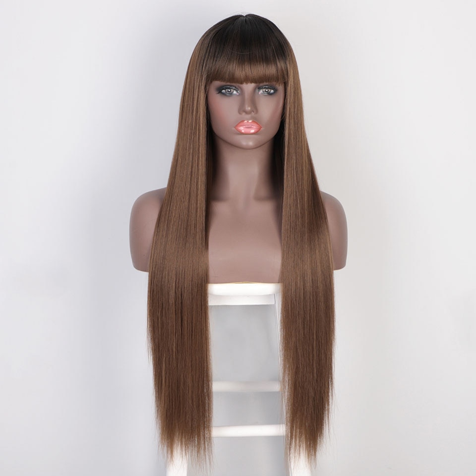 I's a wig peruca longa lisa preta com franja, para mulheres negras, peruca sintética vermelha marrom, moda diária, resistente ao calor, traje de cabelo