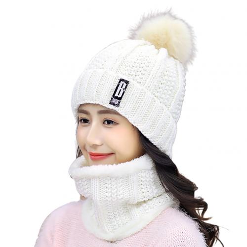 Vinter kvinder tyk strikket beanie hat plys hals gamacher tørklæde udendørs ridning sæt familie matchende kasketter hatte: Hvid