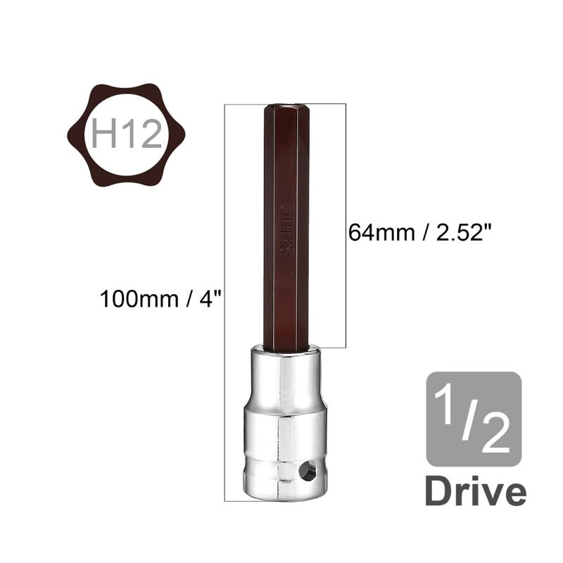 1/2" Drive x 4mm 5mm 6mm 7mm 8mm 10mm 12mm 14mm Hex Bit Socket, Standard Metric, S2 and Cr-V Steel 100mm Length: 100LxH12MM 1pcs