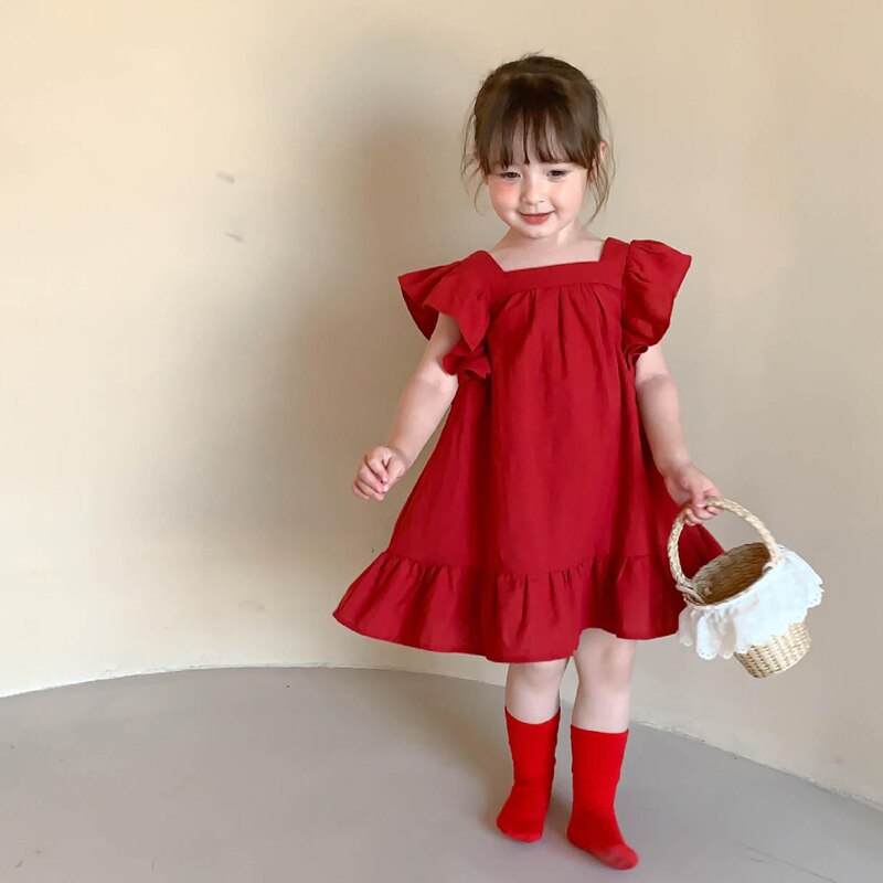 Summer Girls Dress Baby Kids Clothes Sweet Princess Dress Small Fresh Petal Sleeve Bow Vestidos 3-7Years Children&#39;S Clothing