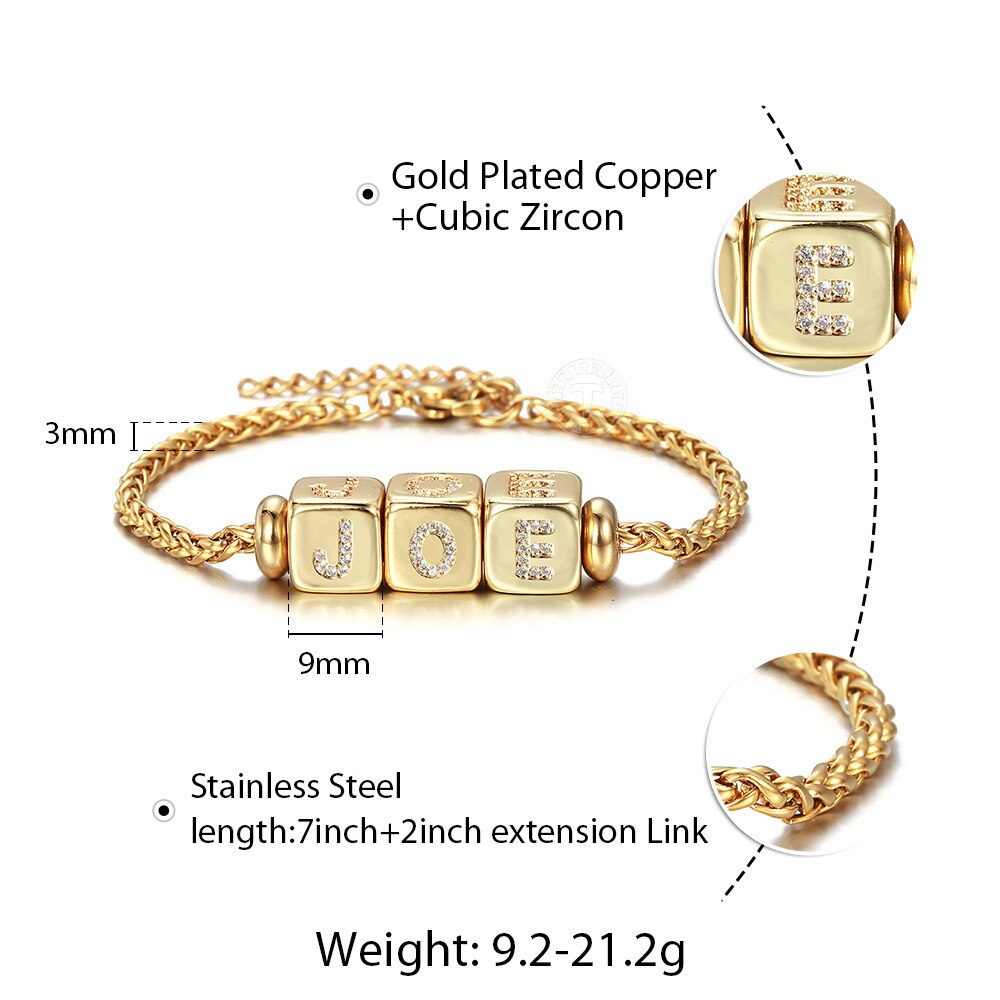 Pulsera con letras iniciales de A-Z para hombre y mujer, abalorios de cobre Micro pavé de cubo CZ, pulsera de cadena de trigo de 3mm, joyería con nombre artesanal, DB297