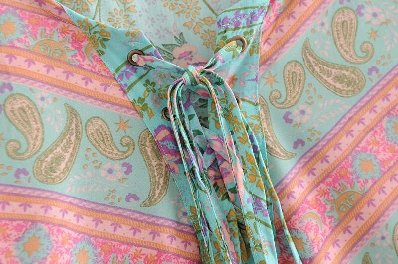 Vintage floral estampado Mujer Bohemia blusa cuello pico manga larga tops camisas sueltas boho camisas Feminino de gran tamaño