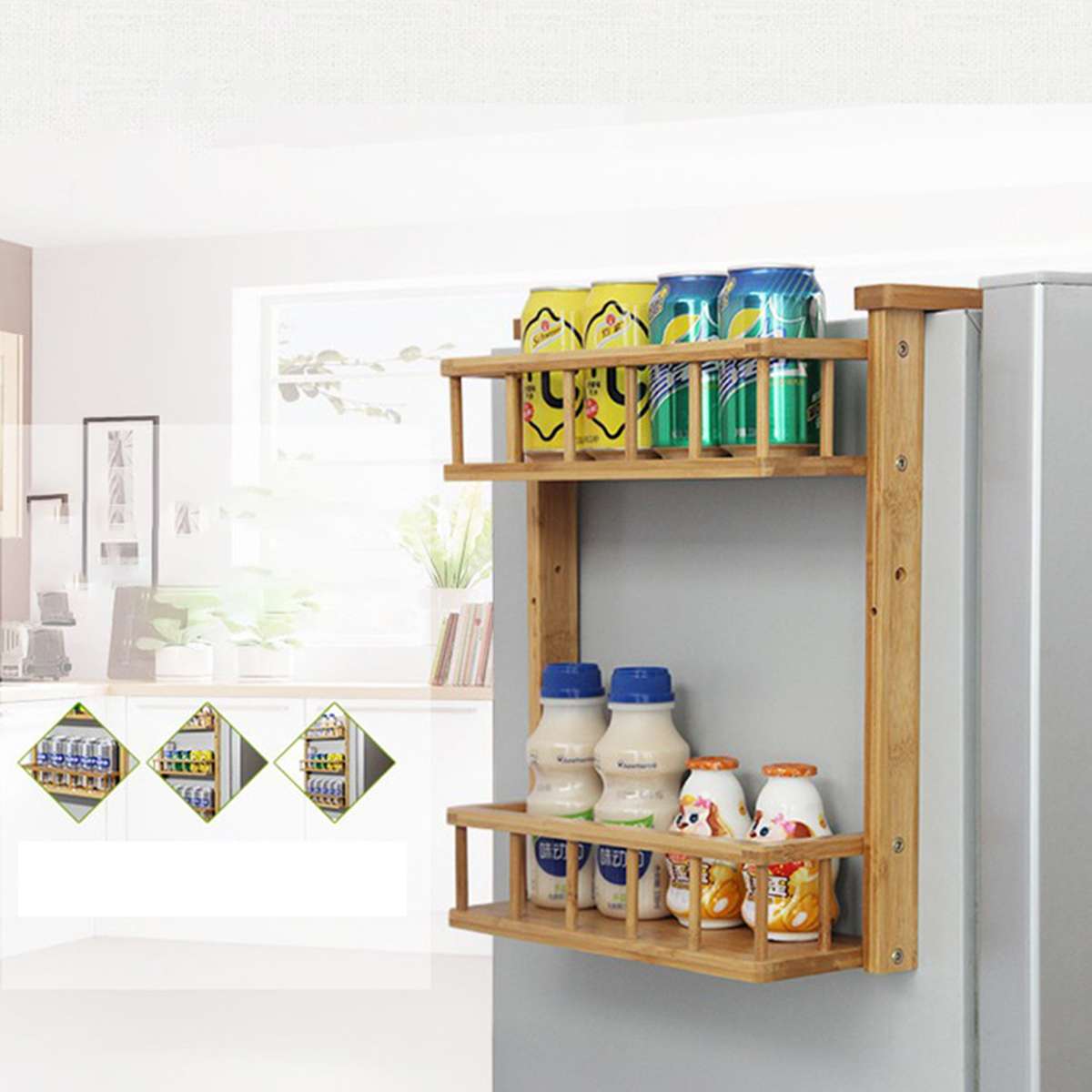 Multi-Layer Bamboo Adjustable Refrigerator Shelf Fridge Side Rack Sidewall Holder Kitchen Supplies Organizer Side Hanging Rack
