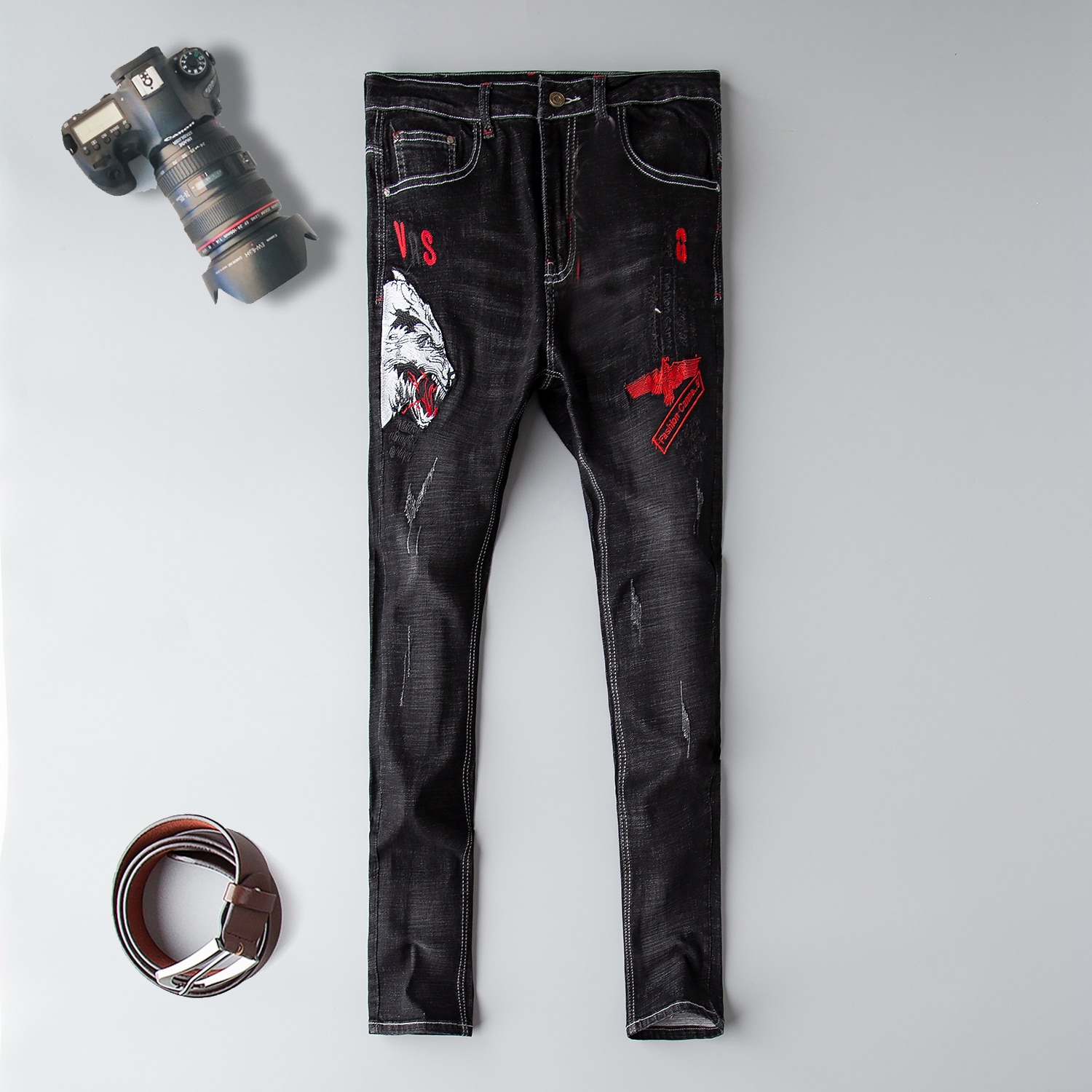 Gothic brand jeans men straight slim fit black 3d embroidery plus size 29-38 homme denim trousers cotton male jeans pants