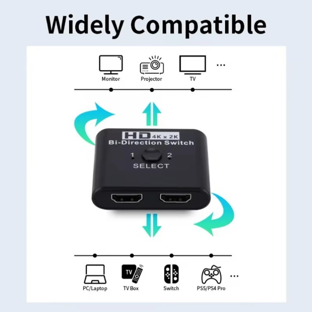Bi-Direction Switch 8K 60Hz HDMI Splitter 1x2 HDMI Switch 1 in 2 out Video Distributor Splitter HD 1080P Dual Display for Laptop