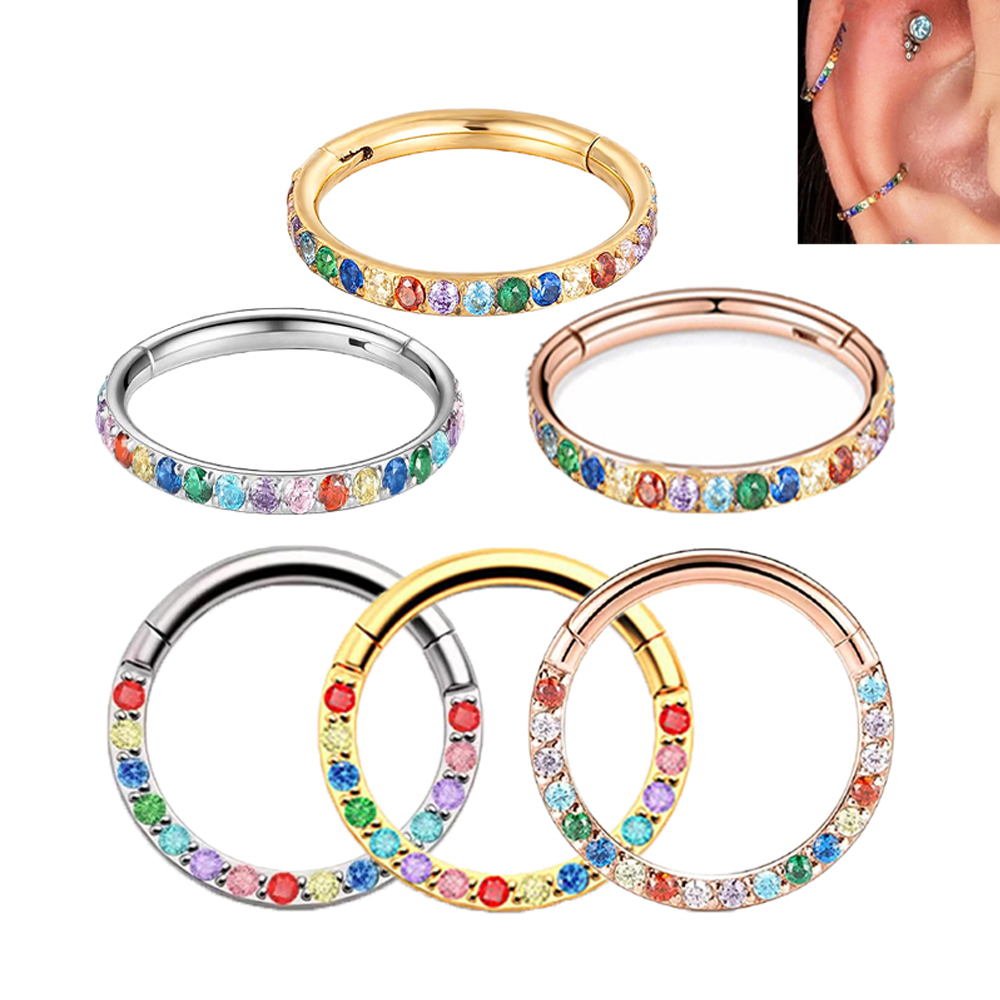 100% G23 anillo de titanio para la nariz para mujer pequeño tabique Nasal cartílago aro pendiente Piercing 16 gramos frontal Lnlaid Rainbow CZ bisagra