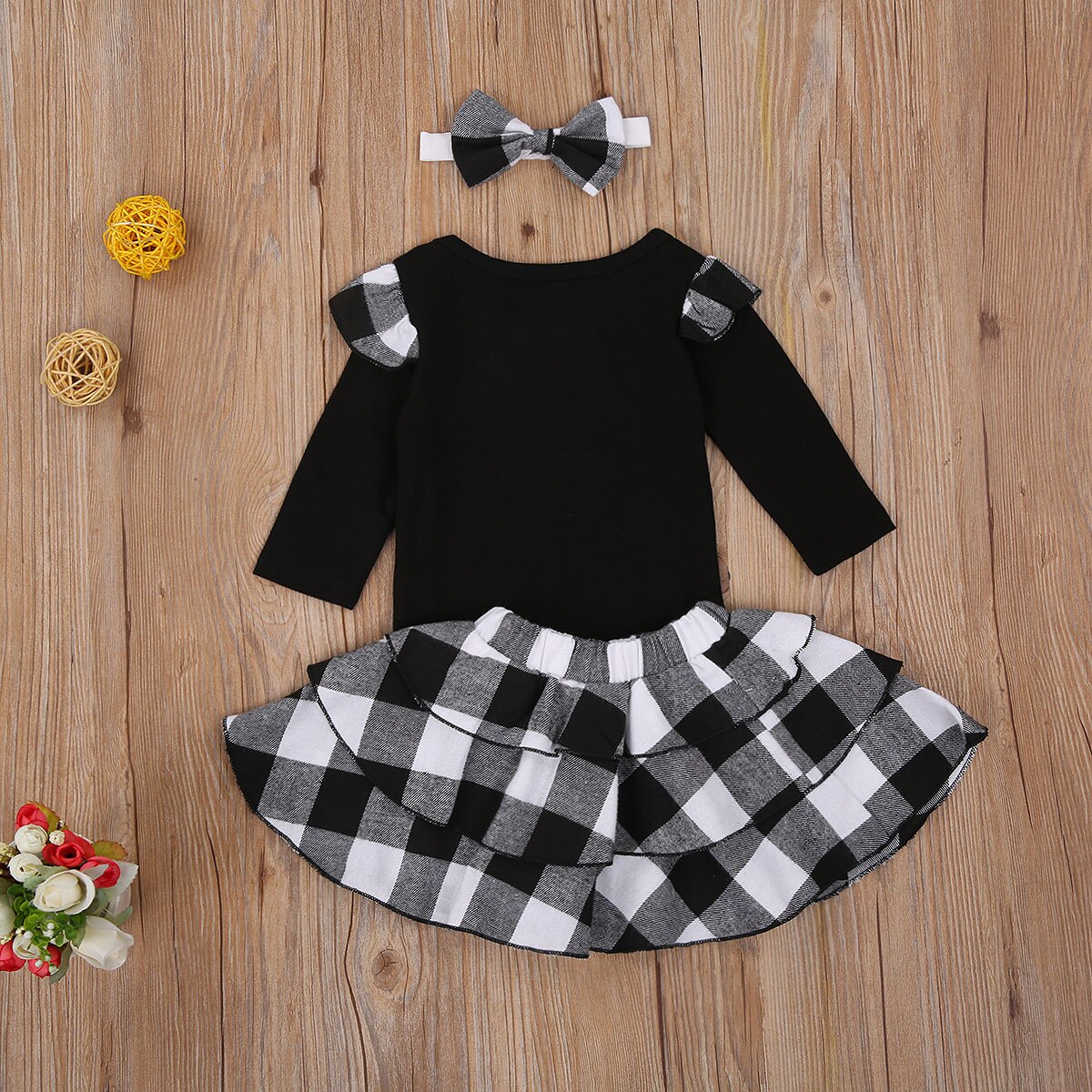 Drie Stuk Baby Meisje Kleding Verse Effen Kleur Lange Mouwen Jumpsuit + Plaid Korte Rok + Hoofdband Kerst herfst Outfits