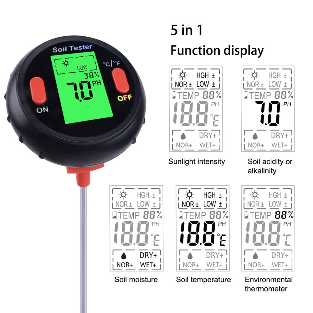 Medidor Digital de pH del suelo 5 en 1, medidor de humedad, niveles de PH, temperatura, luz solar, medidor de intensidad de humedad del suelo, Digital