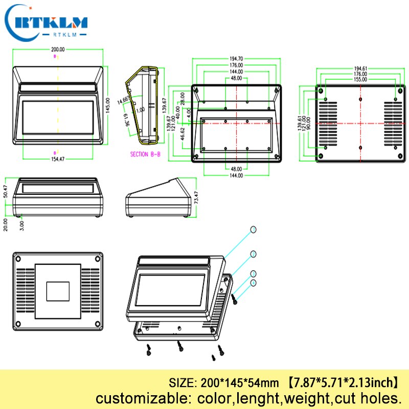 Plastic behuizing elektrische doos abs draad junction box diy project elektronische voeding instrument gevallen Custom 200*145 * 54mm