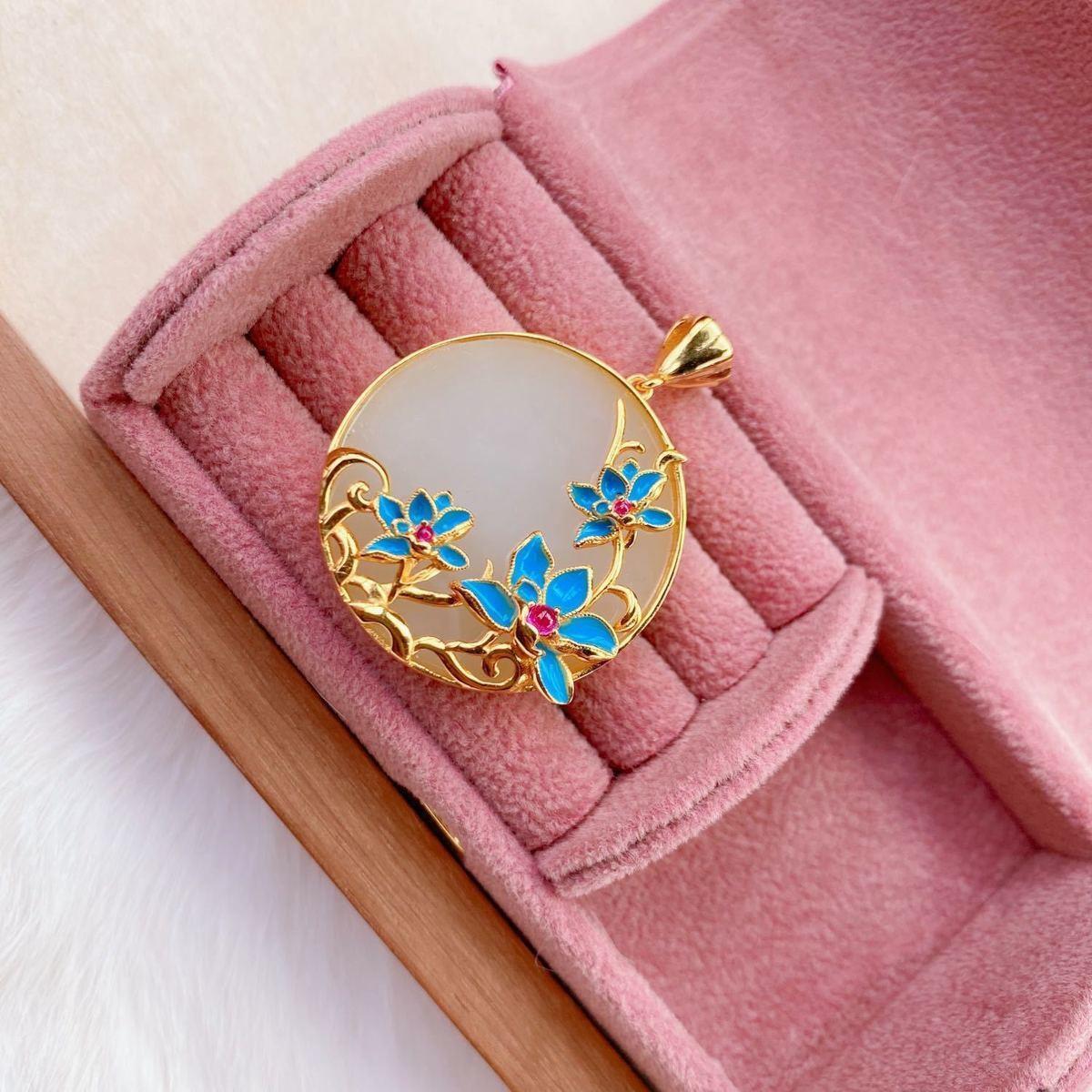 Natural Hetian Jade White Jade Pendant S925 Sterling Silver Gold Plated Ancient Baked Blue Lotus Hollow Lucky Year