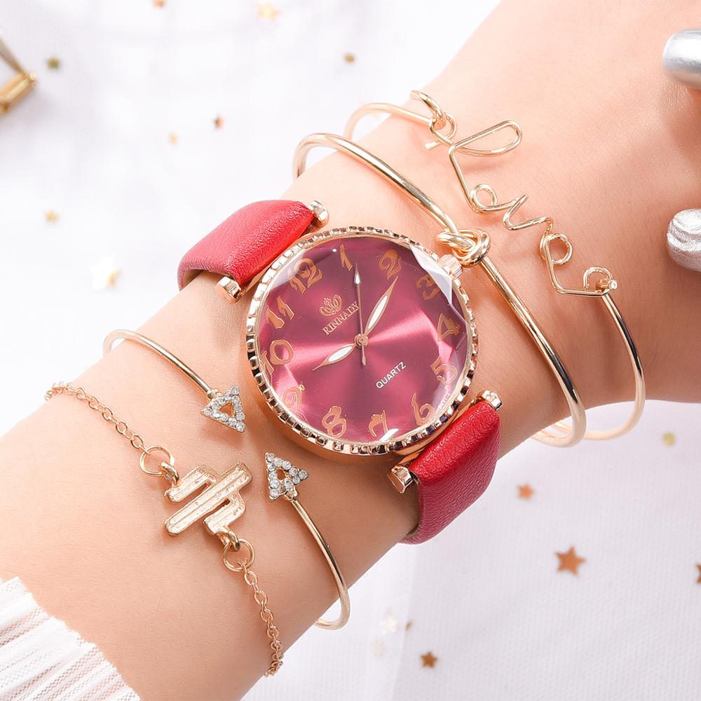 Montre Dame Lederen Band Quartz Horloge Mode Vrouwen Armband Armband Horloge Vijf Delige Set Persoonlijkheid Dameshorloge