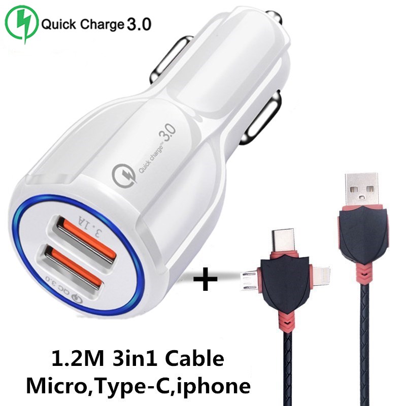 Goede 3.1A Auto Micro USB Charger Quick Charge 3.0 Mobiele Telefoon Oplader 2 3 Port USB Snelle Auto-oplader voor iphone ios Android Telefoon: White 2USB and Cable