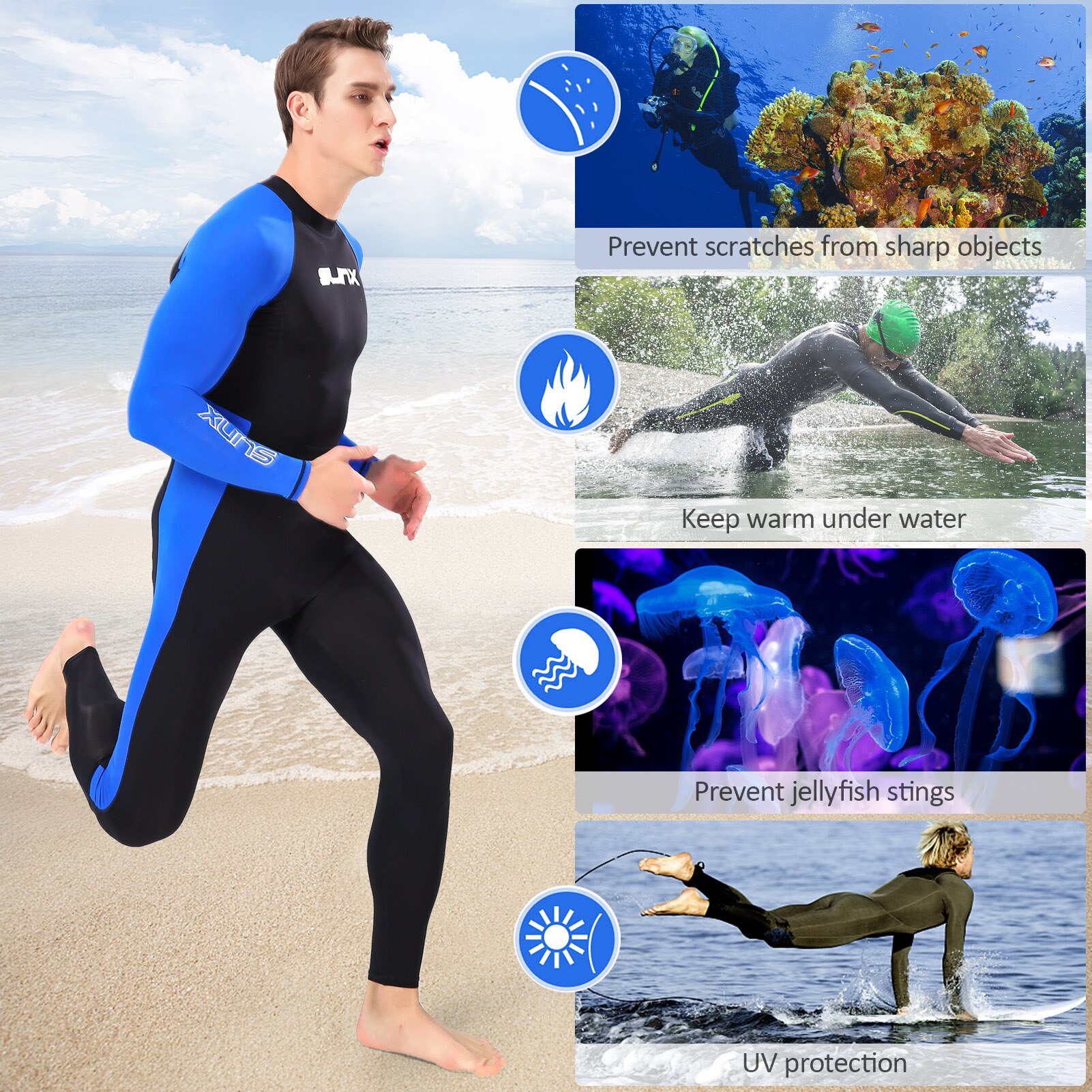 Men Scuba Surfing Full Body Wetsuit 3mm Neoprene Long Sleeves Diving Suit Summer Swimming Snorkeling Swimsuit Equipment