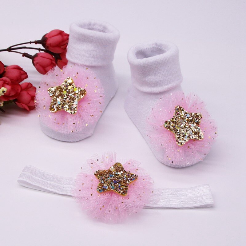 Newborn Baby Socks+1PC Hair Belt Toddler Girls Bow Wave Point Anti-slip Socks1